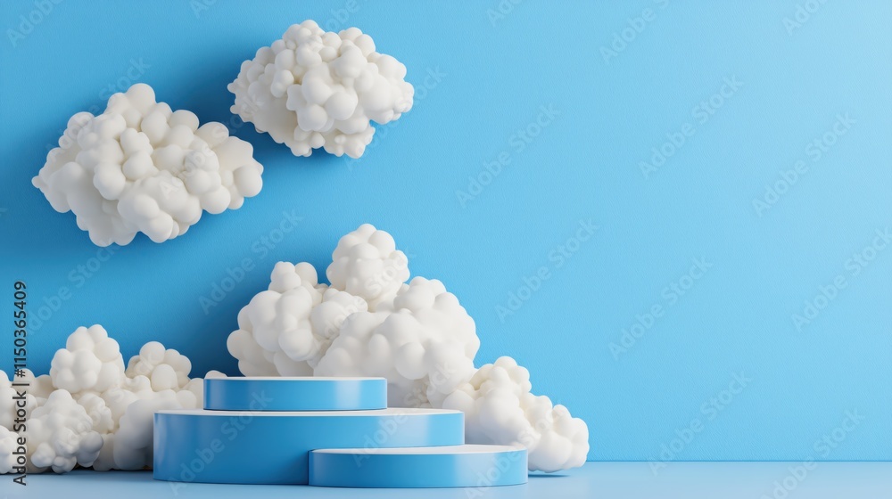 Poster Soft White Clouds Floating Above Circular Platforms on Blue Background