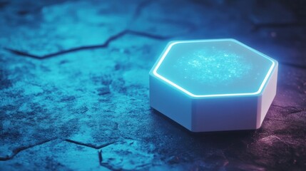 Glowing hexagonal device on cracked surface.