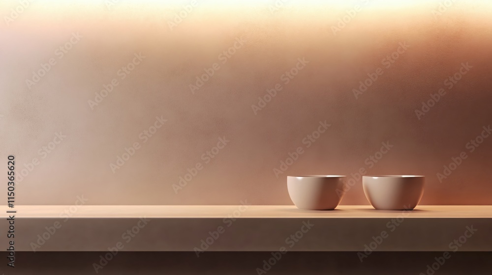 Aufkleber Minimalist Setting with Two Simple Bowls on a Wooden Shelf Against a Soft Background