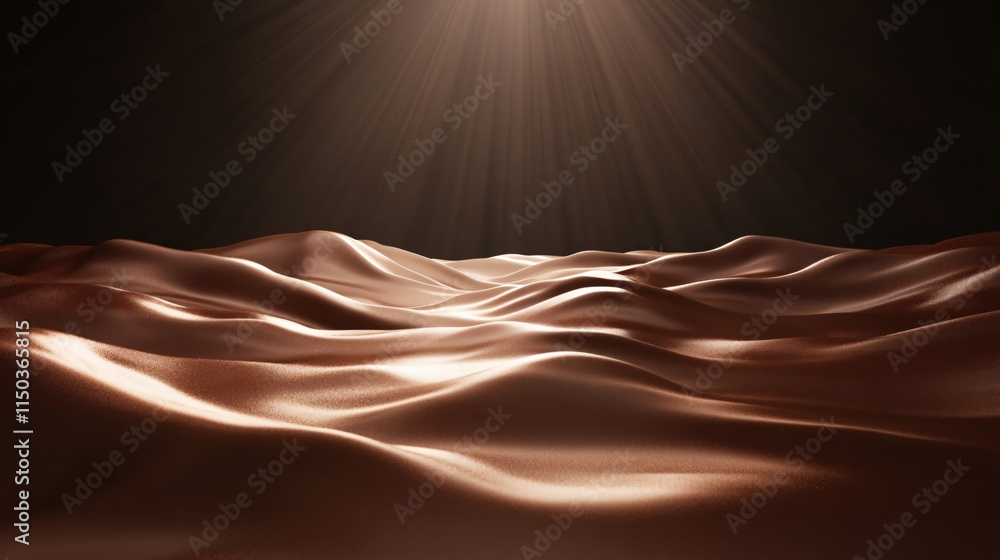 Poster Shimmering Brown Fabric Waves with Soft Light Rays in a Dark Background