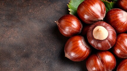 Obraz premium A pile of chestnuts with leaves on a dark surface