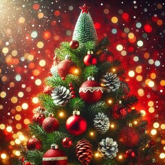 Fototapeta premium Christmas Tree Decorated with Ornaments and Bokeh Lights on a Red Background - Holiday Celebration. Created with generative AI technology