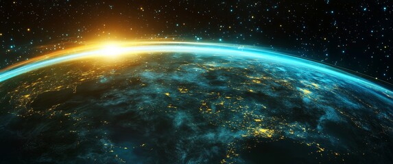 Obraz premium Beautiful Sunrise Above Earth Showcasing City Lights and Stars in a Vast Space Filled With Twinkling Galaxies and Cosmic Colors