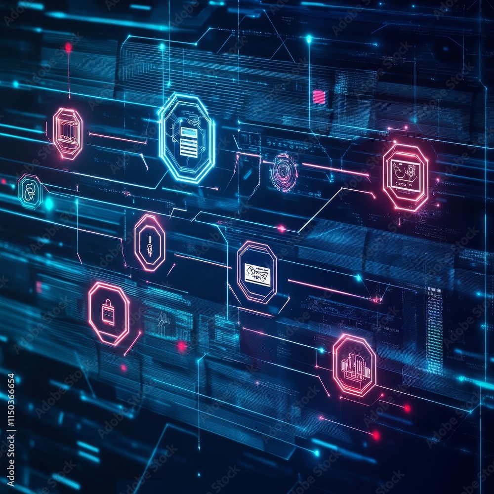 Poster futuristic digital interface with glowing icons representing technology, data, and networks in a cyb