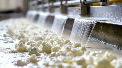 Curds and whey flowing in a dairy processing facility.