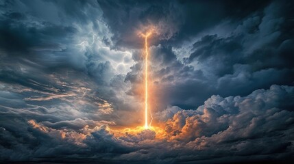 Dramatic lightning bolt piercing dark storm clouds.