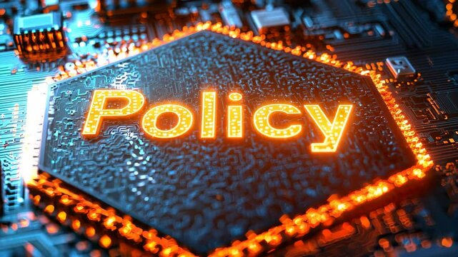 Futuristic visualization of a digital policy concept, featuring a glowing red hexagon surrounded by data and technology elements.