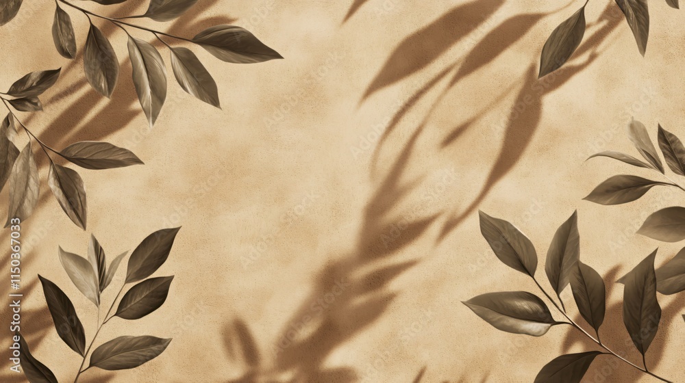 Poster elegant background with green leaves and shadows on a soft brown surface