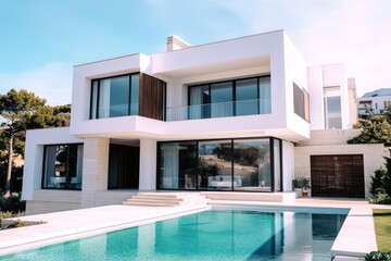 Fototapeta premium Minimalist white villa with sleek architecture, pristine pool, and modern style