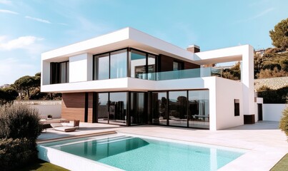 Minimalist white villa with sleek architecture, pristine pool, and modern style