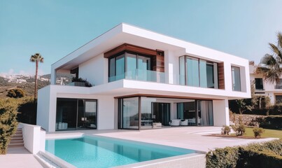 Fototapeta premium Minimalist white villa with sleek architecture, pristine pool, and modern style