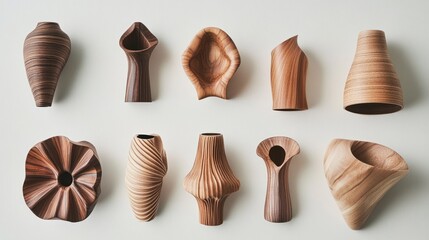 Collection of unique, handcrafted wooden vases with various shapes and textures.