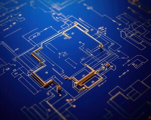 Blueprint on site with exposed structural elements of house, walls and beams, concept of home in progress