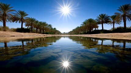 A body of water surrounded by palm trees in the desert