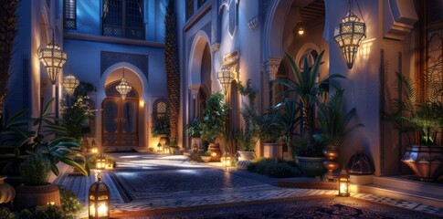 Fototapeta premium Abstract Islamic interior with lanterns, arches, doors and plants, blurred background. Ramadan Lantern. Background for Ramadan Kareem Greeting card, banner, wallpaper. 
