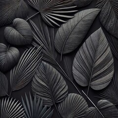 Digital textures of dark tropical leaves for a nature-inspired background. Flat lay, exotic plant concept. Created with generative AI technology