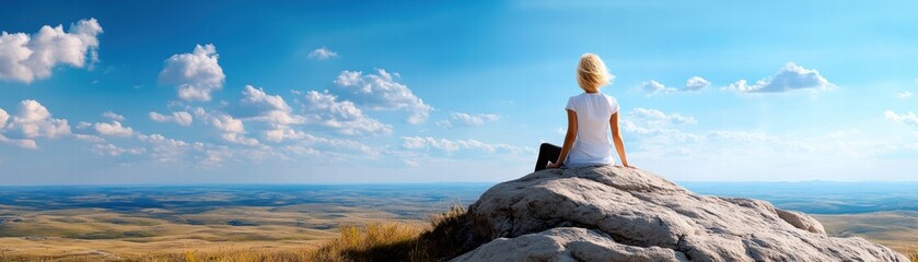 Person meditating on a rock, serene landscape and blue sky in the background.