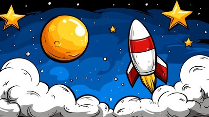 Naklejka premium A cartoon rocket flying through the sky with stars and planets