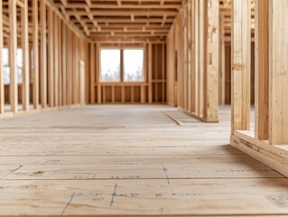 Blueprint lines overlaid on open house framework, visible beams and trusses, building process in focus