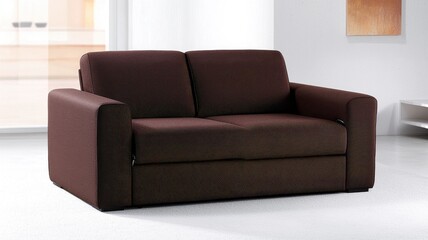 Sofa luxury durable concept. Modern brown sofa in a bright room, featuring a simple design and textured fabric, ideal for contemporary living spaces.