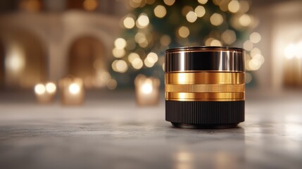 A camera lens sitting on top of a table next to a Christmas tree