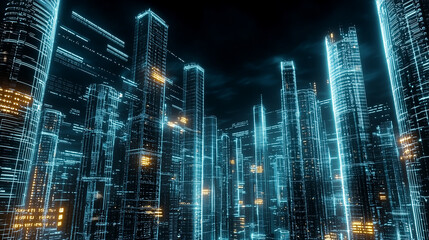 Futuristic Night Cityscape with Neon Lights and Digital Connectivity