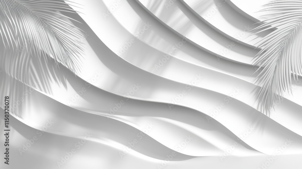 Poster wavy fabric backdrop with palm leaves in a bright and airy setting showcasing smooth textures and el