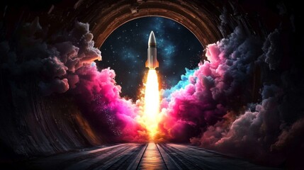 Rocket Launch with Pink Particle Burst - Creative and Vibrant Depiction