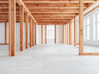 Overlaid blueprint and house foundation under construction, exposed wooden beams, concept of home design