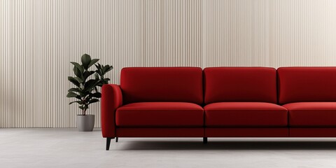 Sofa luxury durable concept. Modern red sofa against a textured wall, complemented by a green plant, creating a stylish and inviting living space.