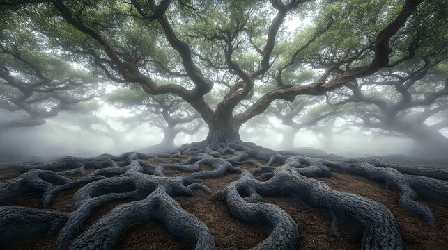 Enormous ancient tree with exposed roots in a misty forest.