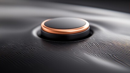 A close up of a black and gold button on a black surface