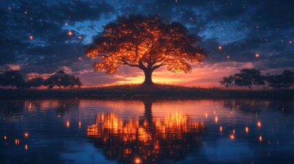 Obraz premium A serene sunset over a tranquil lake, featuring a glowing tree and soft reflections.