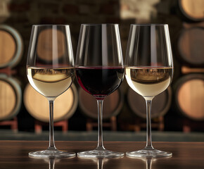 Vielf&auml;ltige Weingl&auml;ser vor Weinf&auml;ssern in einer stilvollen Kellerei

