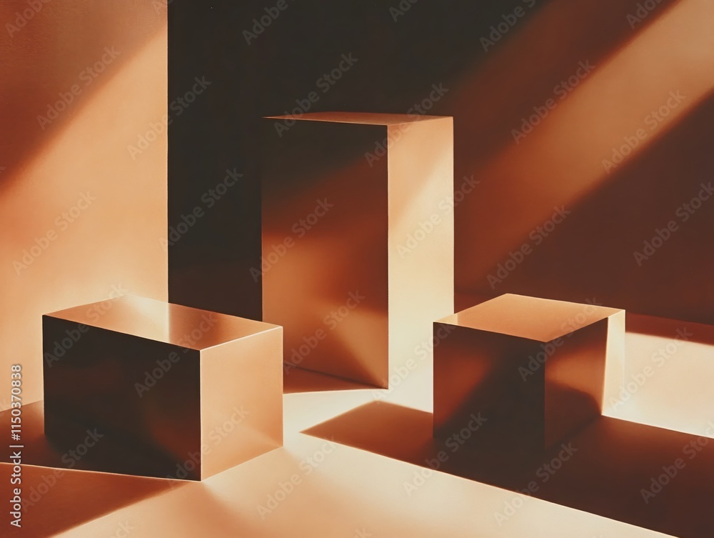Poster abstract composition of geometric cubes with warm lighting and shadows in space