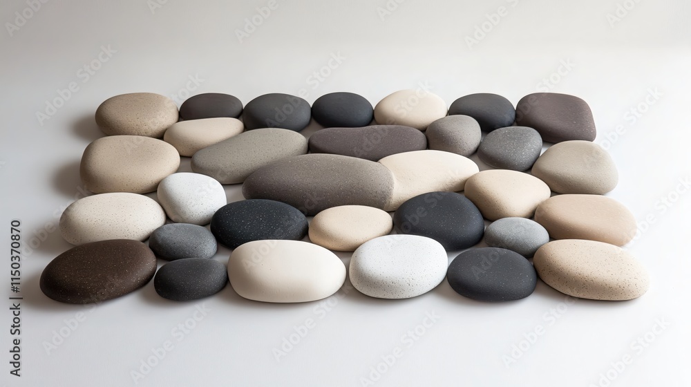 Poster assorted smooth pebbles in neutral colors arranged on a light background