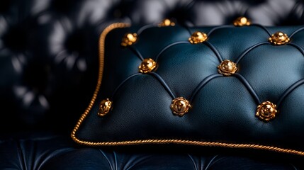 Fototapeta premium A blue and gold pillow sitting on top of a black couch