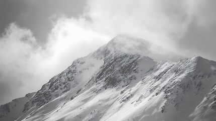 Dramatic monochrome mountain peak shrouded in mist and snow.