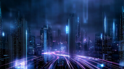 Fototapeta premium Modern Metropolitan Skyline at Night with Digital Networks