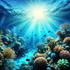 Naklejka premium Gorgeous oceanic blue background with sunlight and an underwater view. Created with generative AI technology