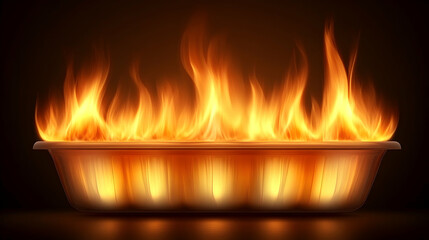 Fiery flames engulfing a rectangular baking dish.