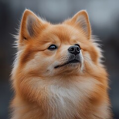 Obraz premium Fluffy Pomeranian Dog With a Thoughtful Expression Against a Blurred Outdoor Background During Twilight
