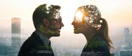 Business professionals collaborating creatively urban setting photographic image sunrise environment introspective viewpoint