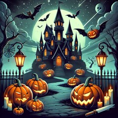 Haunted Halloween Artwork with Pumpkins and a Castle - Dark, Kid-Friendly Cartoon Style, High-Quality Image. Created with generative AI technology