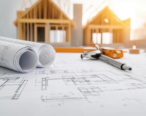 Handdrawn blueprint with house under construction in background, detailed beams and wall structure