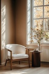 modern interior with brown color, wooden accents, and large window, minimalist interior design for home decor, real estate, and lifestyle advertising. mocha mousse color