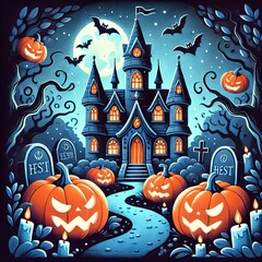Haunted Halloween Artwork with Pumpkins and a Castle - Dark, Kid-Friendly Cartoon Style, High-Quality Image. Created with generative AI technology