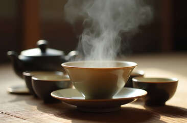 Close-Up of a Japanese Tea Set on a Tatami Mat with Rising Steam