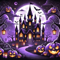Haunted Halloween Artwork with Pumpkins and a Castle - Dark, Kid-Friendly Cartoon Style, High-Quality Image. Created with generative AI technology