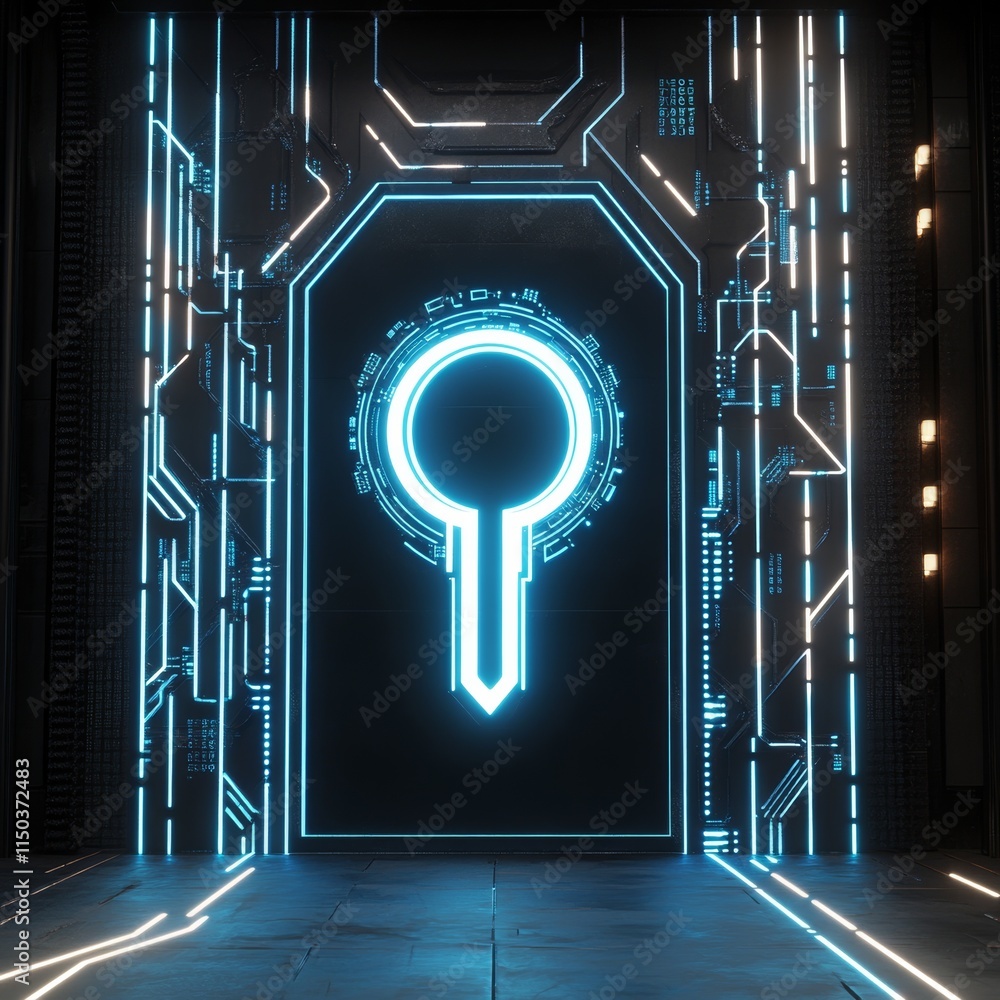 Poster high-tech futuristic doorway illuminated with neon blue lights in a darkened environment, creating a